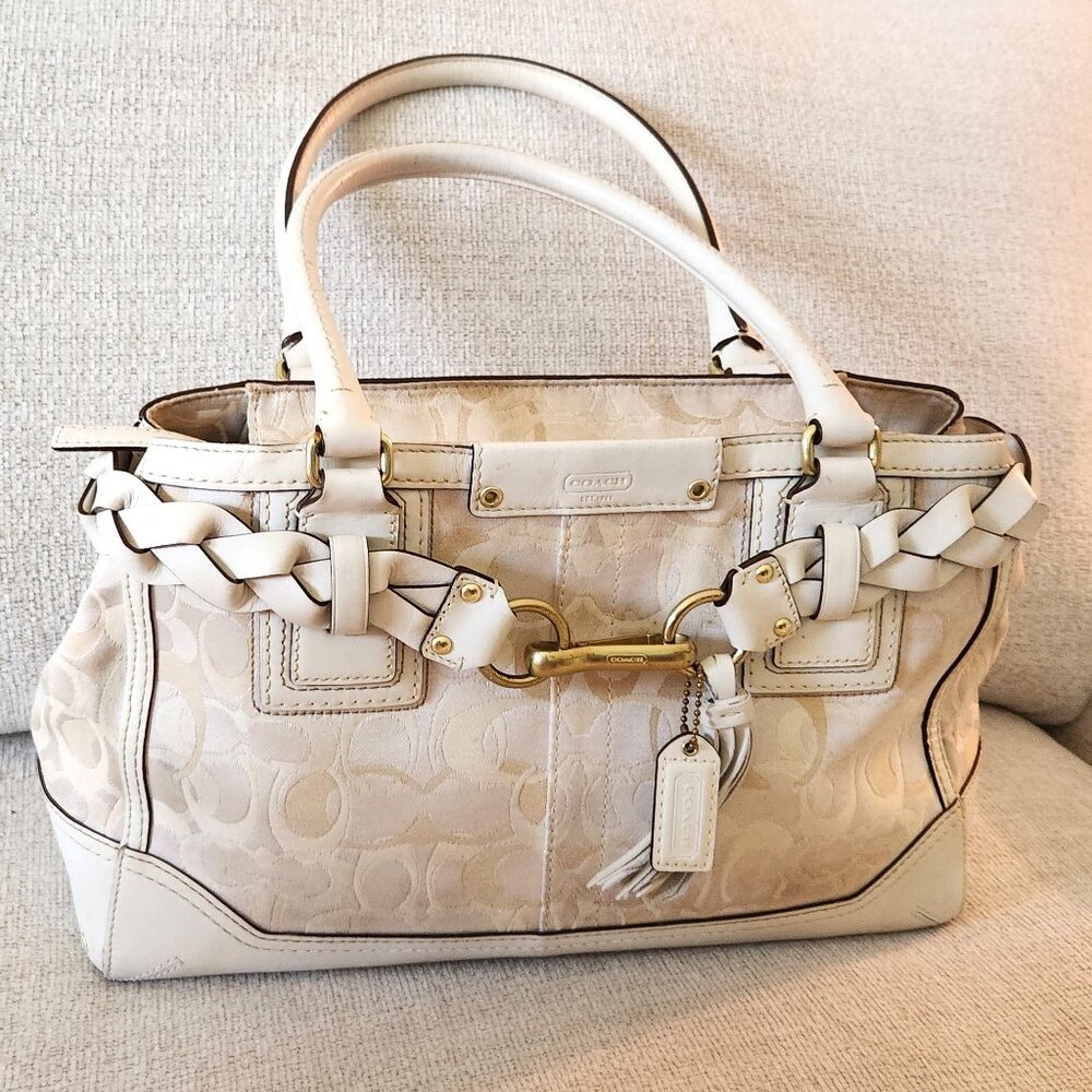 Euc Vintage Coach Hampton Cream & White Leather Handbag Tote Purse